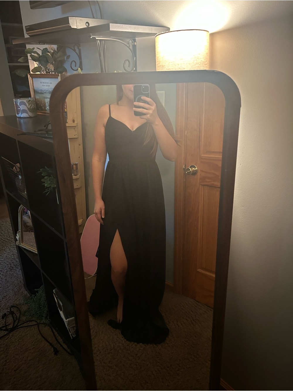 Azazie Black Spaghetti-Strap Maxi Dress with Front Slit
